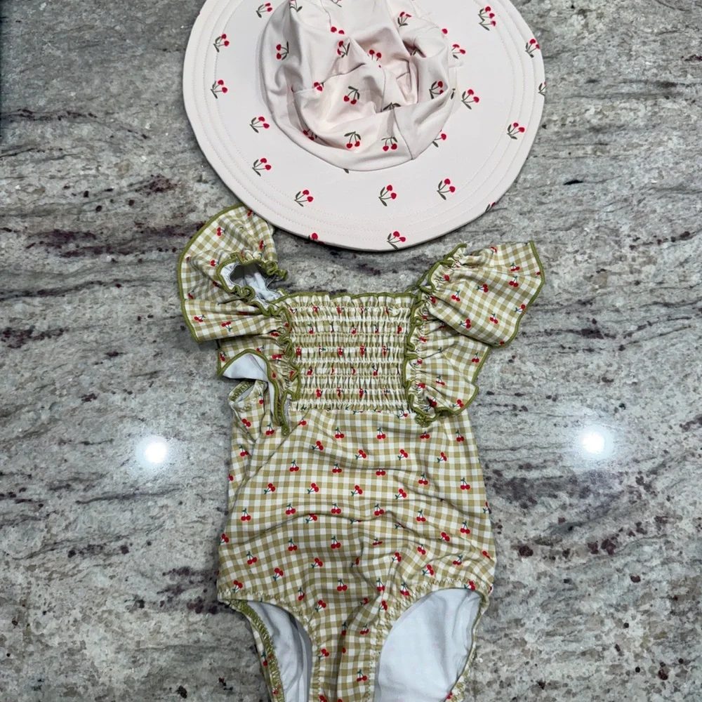 Zara Green Gingham Cherry Print Ruffle Swimsuit with Matching Hat